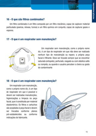 15
16 - O que são ﬁltros combinados?
Um ﬁltro combinado é um ﬁltro composto por um ﬁltro mecânico, capaz de capturar material
particulado (poeiras, névoas, fumos) e um ﬁltro químico em conjunto, capaz de capturar gases e
vapores.
17 - O que é um respirador sem manutenção?
Um respirador sem manutenção, como o próprio nome
diz, é um tipo de respirador em que não deve ser realizado
nenhum tipo de manutenção ou reparo; a própria peça
facial é ﬁltrante. Deve ser trocado sempre que se encontrar
saturado (entupido), perfurado, rasgado ou com elástico solto
ou rompido, ou quando o usuário perceber o cheiro ou gosto
do contaminante
18 - O que é um respirador com manutenção?
Um respirador com manutenção,
como o próprio nome diz, é um tipo
de respirador em que é possível e
devem ser realizadas manutenções,
higienizações e limpeza na peça
facial, que é constituída por material
elastomérico. Os ﬁltros e cartuchos
são acoplados à peça facial e devem
ser trocados conforme planos
pré-estabelecidos ou conforme
indicações do fabricante.
PROTEÇÃORESPIRATÓRIA
 