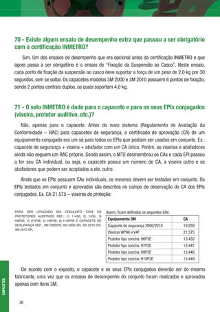 36
70 - Existe algum ensaio de desempenho extra que passou a ser obrigatório
com a certiﬁcação INMETRO?
Sim. Um dos ensaios de desempenho que era opcional antes da certiﬁcação INMETRO e que
agora passa a ser obrigatório é o ensaio de “Fixação da Suspensão ao Casco”. Neste ensaio,
cada ponto de ﬁxação da suspensão ao casco deve suportar a força de um peso de 2,0 kg por 30
segundos, sem se soltar. Os capacetes modelos 3M 2000 e 3M 2010 possuem 6 pontos de ﬁxação,
sendo 2 pontos centrais duplos, os quais suportam 4,0 kg.
71 - O selo INMETRO é dado para o capacete e para os seus EPIs conjugados
(viseira, protetor auditivo, etc.)?
Não, apenas para o capacete. Antes do novo sistema (Regulamento de Avaliação da
Conformidade – RAC) para capacetes de segurança, o certiﬁcado de aprovação (CA) de um
equipamento conjugado era um só para todos os EPIs que podiam ser usados em conjunto. Ex.:
capacete de segurança + viseira + abafador com um CA único. Porém, as viseiras e abafadores
ainda não seguem um RAC próprio. Sendo assim, o MTE desmembrou os CAs e cada EPI passou
a ter seu CA individual, ou seja, o capacete possui um número de CA, a viseira outro e os
abafadores que podem ser acoplados a ele, outro.
Ainda que os EPIs possuam CAs individuais, os mesmos devem ser testados em conjunto. Os
EPIs testados em conjunto e aprovados são descritos no campo de observação do CA dos EPIs
conjugados. Ex. CA 21.575 – viseiras de proteção:
Assim, ﬁcam deﬁnidos os seguintes CAs:
De acordo com o exposto, o capacete e os seus EPIs conjugados deverão ser do mesmo
fabricante, uma vez que os ensaios de desempenho do conjunto foram realizados e aprovados
apenas com itens 3M.
Equipamento 3M CA
Capacete de segurança 2000/2010 19.859
Viseiras WP96 e V4F 21.575
Protetor tipo concha: H6P3E 13.450
Protetor tipo concha: H7P3E 13.447
Protetor tipo concha: H9P3E 13.448
Protetor tipo concha: H10P3E 13.449
PARA SER UTILIZADO EM CONJUNTO COM OS
PROTETORES AUDITIVOS REF.: 1) 1-450; 2) 1455; 3)
H6P3E; 4) H7P3E; 5) H9P3E; 6) H10P3E E CAPACETE DE
SEGURANÇA REF.: 3M 2000CR; 3M 2000 SR; 3M 2010 CR;
3M 2010 SR.
CAPACETES
 