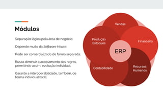 Módulos
Vendas
Financeiro
Recursos
Humanos
Contabilidade
Produção
Estoques
ERP
Separação lógica pela área de negócio;
Depende muito da Software House;
Pode ser comercializado de forma separada;
Busca diminuir o acoplamento das regras,
permitindo assim, evolução individual;
Garante a interoperabilidade, também, de
forma individualizada;
 