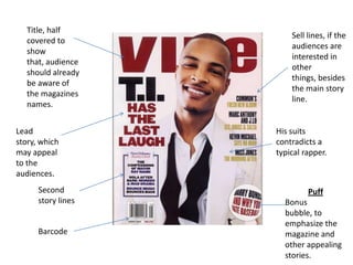 Title, half
                        Sell lines, if the
   covered to
                        audiences are
   show
                        interested in
   that, audience
                        other
   should already
                        things, besides
   be aware of
                        the main story
   the magazines
                        line.
   names.


Lead                His suits
story, which        contradicts a
may appeal          typical rapper.
to the
audiences.
      Second                 Puff
      story lines     Bonus
                      bubble, to
                      emphasize the
      Barcode         magazine and
                      other appealing
                      stories.
 