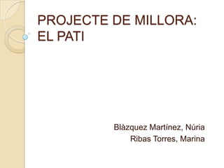 PROJECTE DE MILLORA:
EL PATI




         Blàzquez Martínez, Núria
             Ribas Torres, Marina
 