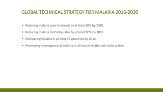 GLOBAL TECHNICAL STRATEGY FOR MALARIA 2016-2030
▪ Reducing malaria case incidence by at least 90% by 2030.
▪ Reducing malaria mortality rates by at least 90% by 2030.
▪ Eliminating malaria in at least 35 countries by 2030.
▪ Preventing a resurgence of malaria in all countries that are malaria-free.
 