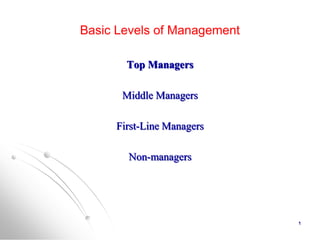 Basic Levels of Management
Top Managers
Middle Managers
First-Line Managers
Non-managers
1
 