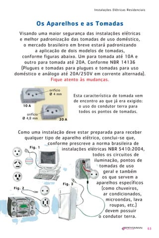1630 IER 14X21 ok

20.12.2006

17:57

Page 63

Instalações Elétricas Residenciais

Os Aparelhos e as Tomadas
Visando uma maior segurança das instalações elétricas
e melhor padronização das tomadas de uso doméstico,
o mercado brasileiro em breve estará padronizando
a aplicação de dois modelos de tomadas,
conforme figuras abaixo. Um para tomada até 10A e
outro para tomada até 20A. Conforme NBR 14136
(Plugues e tomadas para plugues e tomadas para uso
doméstico e análogo até 20A/250V em corrente alternada).
Fique atento às mudanças.
orifício
ø 4 mm
10 A
orifício

ø 4,8 mm

Esta característica de tomada vem
de encontro ao que já era exigido:
o uso do condutor terra para
todos os pontos de tomadas.

20 A

Como uma instalação deve estar preparada para receber
qualquer tipo de aparelho elétrico, conclui-se que,
conforme prescreve a norma brasileira de
Fig. 1
instalações elétricas NBR 5410:2004,
todos os circuitos de
iluminação, pontos de
tomadas de uso
geral e também
os que servem a
aparelhos específicos
Fig. 3
Fig. 2
(como chuveiros,
ar condicionados,
microondas, lava
roupas, etc.)
devem possuir
o condutor terra.
63

 
