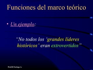 Prof.D.Noriega A.
Funciones del marco teórico
• Un ejemplo:
“No todos los ‘grandes líderes
históricos’ eran extrovertidos”
 