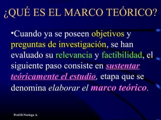 Prof.D.Noriega A.
¿QUÉ ES EL MARCO TEÓRICO?
•Cuando ya se poseen objetivos y
preguntas de investigación, se han
evaluado su relevancia y factibilidad, el
siguiente paso consiste en sustentarsustentar
teóricamente el estudioteóricamente el estudio, etapa que se
denomina elaborar el marco teóricomarco teórico.
 