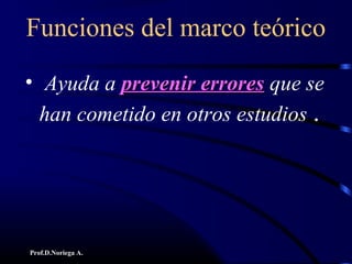 Prof.D.Noriega A.
Funciones del marco teórico
• Ayuda a prevenir erroresprevenir errores que se
han cometido en otros estudios .
 