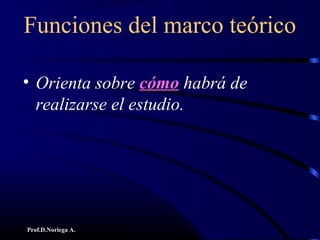 Prof.D.Noriega A.
Funciones del marco teórico
• Orienta sobre cómocómo habrá de
realizarse el estudio.
 