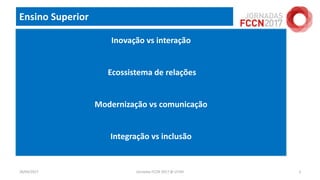 Ensino Superior
18/04/2017 Jornadas FCCN 2017 @ UTAD 3
Inovação vs interação
Ecossistema de relações
Modernização vs comunicação
Integração vs inclusão
 