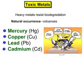 Heavy metals resist biodegredation
Natural occurrence- volcanoes
• Mercury (Hg)
• Copper (Cu)
• Lead (Pb)
• Cadmium (Cd)
Toxic MetalsToxic Metals
 
