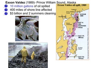 Exxon Valdez (1989)- Prince William Sound, Alaska
• 10 million gallons of oil spilled
• 400 miles of shore line affected
• $3 billion and 2 summers cleaning
 