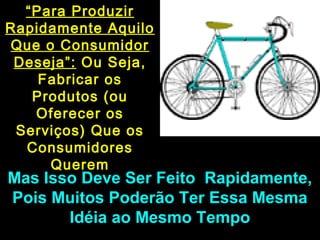 ““Para ProduzirPara Produzir
Rapidamente AquiloRapidamente Aquilo
Que o ConsumidorQue o Consumidor
Deseja”:Deseja”: Ou Seja,Ou Seja,
Fabricar osFabricar os
Produtos (ouProdutos (ou
Oferecer osOferecer os
Serviços) Que osServiços) Que os
ConsumidoresConsumidores
QueremQuerem
Mas Isso Deve Ser Feito Rapidamente,Mas Isso Deve Ser Feito Rapidamente,
Pois Muitos Poderão Ter Essa MesmaPois Muitos Poderão Ter Essa Mesma
Idéia ao Mesmo TempoIdéia ao Mesmo Tempo
 