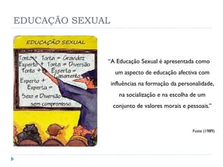 EDUCAÇÃO SEXUAL



              “A Educação Sexual é apresentada como
                   um aspecto de educação afectiva com
                  influências na formação da personalidade,
                     na socialização e na escolha de um
                  conjunto de valores morais e pessoais.”


                                                  Fuste (1989)
 