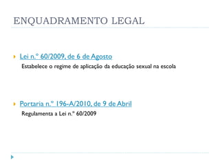 ENQUADRAMENTO LEGAL


   Lei n.º 60/2009, de 6 de Agosto
    Estabelece o regime de aplicação da educação sexual na escola




   Portaria n.º 196-A/2010, de 9 de Abril
    Regulamenta a Lei n.º 60/2009
 