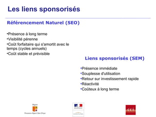 Référencement Naturel (SEO) Présence à long terme Visibilité pérenne Coût forfaitaire qui s'amortit avec le temps (cycles annuels) Coût stable et prévisible Liens sponsorisés (SEM) Présence immédiate Souplesse d'utilisation Retour sur investissement rapide Réactivité Coûteux à long terme Les liens sponsorisés 
