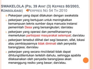 SWAKELOLA (Psl 39 Ayat (3) Kepres 80/2003, Konsolidasi) PerpresNo 54 Th 2010e.  penyelenggaraan diklat, kursus, penataran, seminar, lokakarya, ataupenyuluhan; dan/atauf.   pekerjaanuntukproyekpercontohan (pilot project) yang bersifatkhususuntukpengembanganteknologi/metodakerja yang belumdapatdilaksanakanolehpenyediabarang/jasa; dan/ataug.  pekerjaankhusus yang bersifatpemrosesan data, perumusan kebijakan pemerintah, pengujian di penelitian oleh perguruan tinggi/lembaga ilmiah pemerintah;h. pekerjaan yang bersifatrahasiabagiinstansiPejabatPembuatKomitmen yang bersangkutan.
