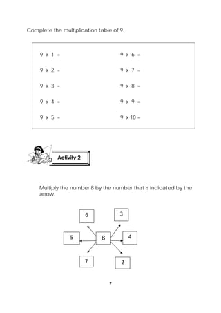 7
 
Complete the multiplication table of 9.
9 x 1 = 9 x 6 =
9 x 2 = 9 x 7 =
9 x 3 = 9 x 8 =
9 x 4 = 9 x 9 =
9 x 5 = 9 x 10 =
Multiply the number 8 by the number that is indicated by the
arrow.
7 
5 
6 
2
48
3
Activity 2
 
 
