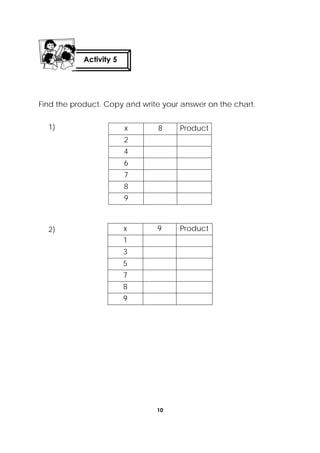 10
 
Find the product. Copy and write your answer on the chart.
1)
2)
x 8 Product
2
4
6
7
8
9
x 9 Product
1
3
5
7
8
9
Activity 5
 
 