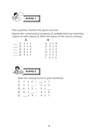 16
 
Find a partner. Perform the given exercise.
Express the commutative property of multiplication by matching
column A with column B. Write the letters of the correct answer.
A B
____ 1) 3 x 4 a. 3 x 8
____ 2) 5 x 6 b. 2 x 6
____ 3) 6 x 2 c. 4 x 5
____ 4) 8 x 3 d. 7 x 9
____ 5) 9 x 7 e. 4 x 3
f. 6 x 5
 
Write the missing factor in your notebook.
1) 7 x 4 = ___ x 7
2) 2 x ___ = 5 x 2
3) 6 x 3 = 3 x ___
4) 8 x ___ = 4 x 8
5) ___ x 9 = 9 x 7
Activity 1
 
Activity 2
 
 