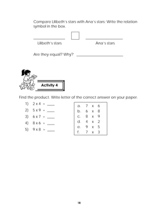 18
 
Compare Lilibeth’s stars with Ana’s stars: Write the relation
symbol in the box.
_________________ ____________________
Lilibeth’s stars Ana’s stars
Are they equal? Why? _________________________
Find the product. Write letter of the correct answer on your paper.
1) 2 x 4 = ____
2) 5 x 9 = ____
3) 6 x 7 = ____
4) 8 x 6 = ____
5) 9 x 8 = ____
Activity 4
 
a. 7 x 6
b. 6 x 8
c. 8 x 9
d. 4 x 2
e. 9 x 5
f. 7 x 3
 