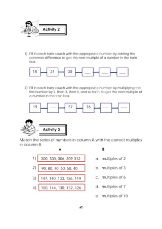 62
 
1) Fill in each train couch with the appropriate number by adding the
common difference to get the next multiple of a number in the train
box.
2) Fill in each train couch with the appropriate number by multiplying the
first number by 2, then 3, then 4, and so forth, to get the next multiple of
a number in the train box.
Match the series of numbers in column A with the correct multiples
in column B.
A B
a. multiples of 2
b. multiples of 3
c. multiples of 6
d. multiples of 7
e. multiples of 10
Activity 2
Activity 3
___ 18 24 30 ___ ___
19 ___  57  76  ____ ____ 
1)
2)
3)
4)
300, 303, 306, 309 312
90, 80, 70, 60, 50, 40
147, 140, 133, 126, 119
150, 144, 138, 132, 126
 