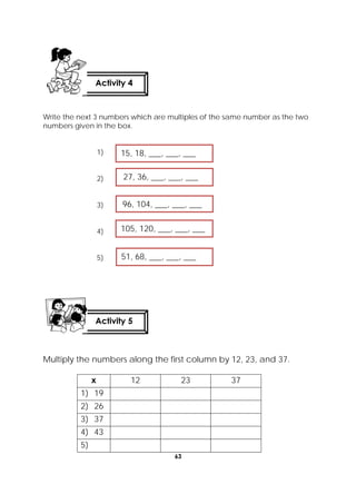 63
 
Write the next 3 numbers which are multiples of the same number as the two
numbers given in the box.
1)
2)
3)
4)
5)
Multiply the numbers along the first column by 12, 23, and 37.
x 12 23 37
1) 19
2) 26
3) 37
4) 43
5)
Activity 4
 
Activity 5
 
27, 36, ___, ___, ___
 96, 104, ___, ___, ___
105, 120, ___, ___, ___
15, 18, ___, ___, ___
51, 68, ___, ___, ___
 