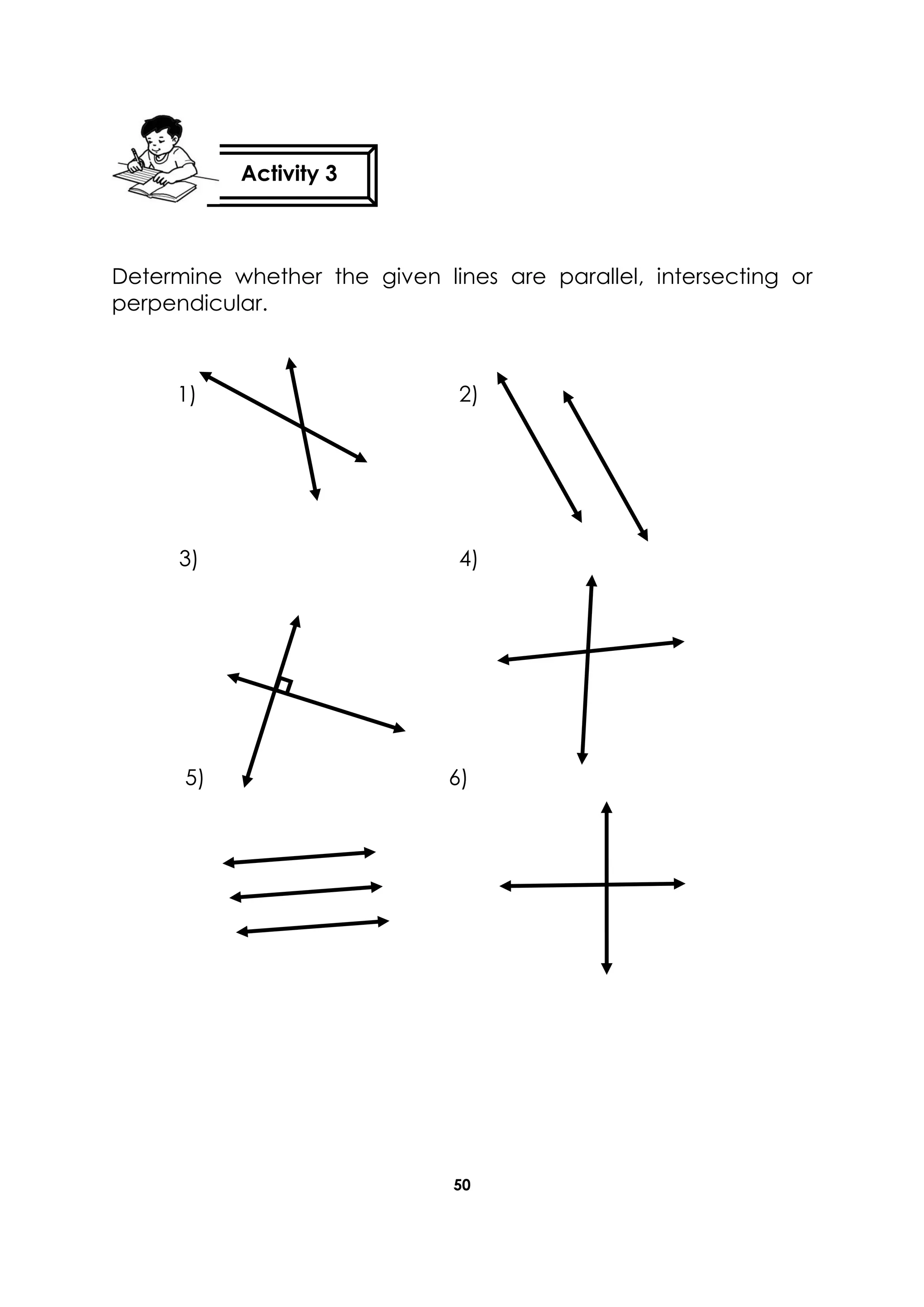 50
Determine whether the given lines are parallel, intersecting or
perpendicular.
1) 2)
3) 4)
5) 6)
Activity 3
 
