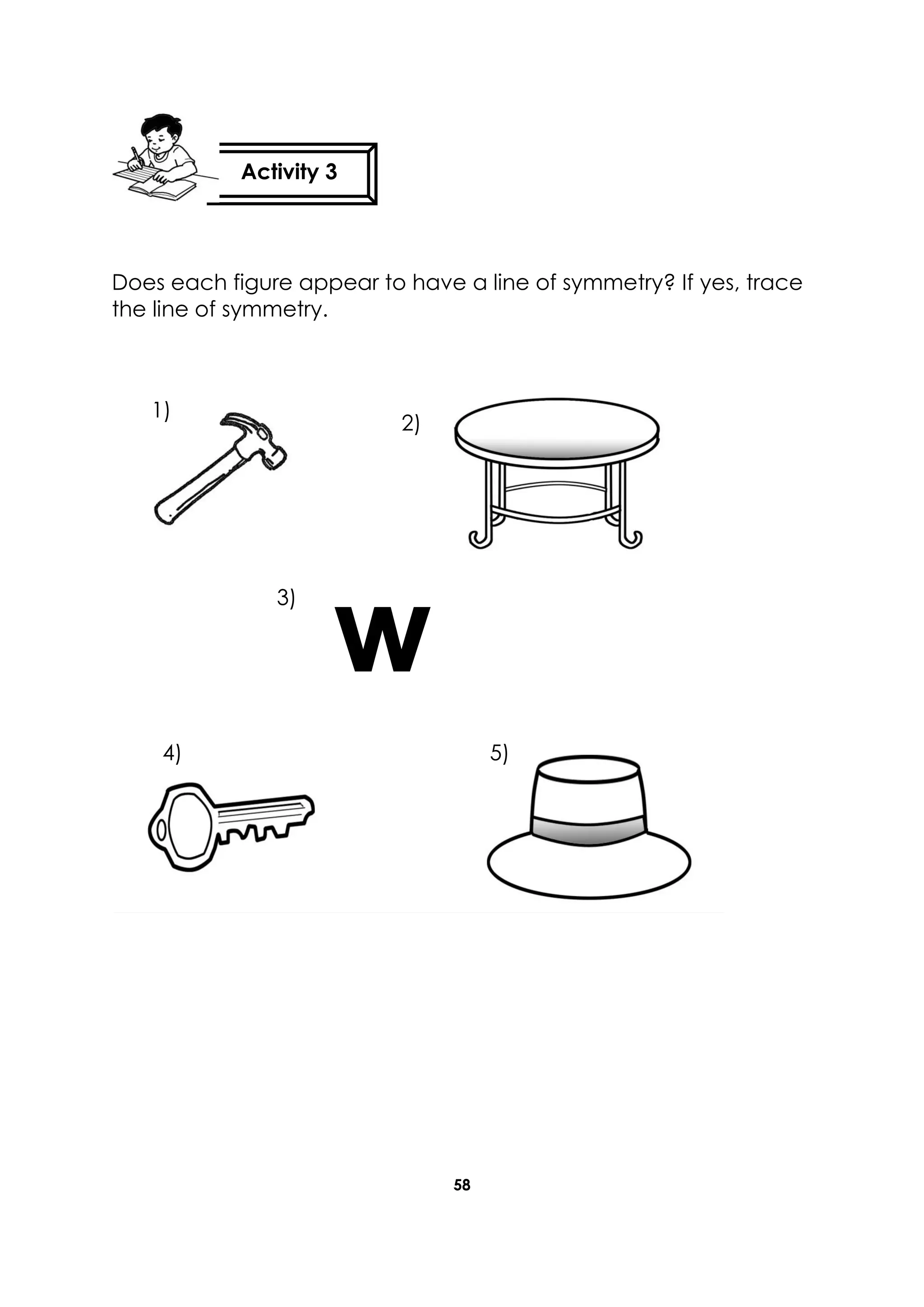 58
Does each figure appear to have a line of symmetry? If yes, trace
the line of symmetry.
Activity 3
w
1)
2)
3)
4) 5)
 