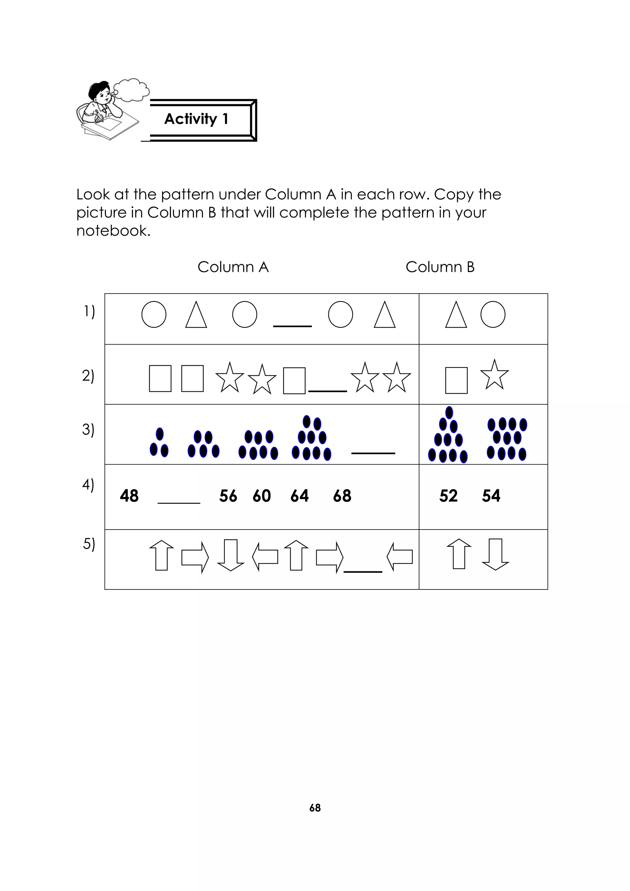 68
Look at the pattern under Column A in each row. Copy the
picture in Column B that will complete the pattern in your
notebook.
Column A Column B
48 _____ 56 60 64 68 52 54
Activity 1
1)
2)
3)
4)
5)
 