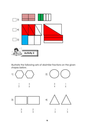 18 
3) 
4) 
5) 
Illustrate the following sets of dissimilar fractions on the given 
shapes below. 
1) 2) 
2 
1 
6 
5 
4 
3 
6 
1 
3) 4) 
5 
3 
3 
2 
2 
1 
3 
1 
Activity 2 
 