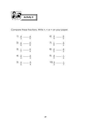 27 
Compare these fractions. Write >, < or = on your paper. 
1) _____ 6) _____ 
2) _____ 7) _____ 
3) _____ 8) _____ 
4) _____ 9) _____ 
5) _____ 10) _____ 
Activity 5 
3 
6 
2 
6 
1 
7 
6 
8 
4 
3 
4 
9 
9 
8 
3 
5 
3 
4 
3 
4 
1 
8 
2 
5 
4 
5 
3 
5 
3 
4 
4 
5 
1 
7 
2 
5 
1 
6 
3 
6  