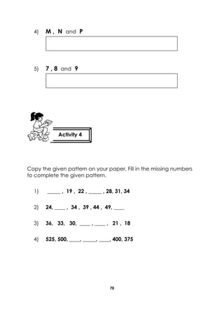 70 
4) M , N and P 
5) 7 , 8 and 9 
Copy the given pattern on your paper. Fill in the missing numbers to complete the given pattern. 
1) _____ , 19 , 22 , _____ , 28, 31, 34 
2) 24, ____ , 34 , 39 , 44 , 49, ____ 
3) 36, 33, 30, ____ , ____ , 21 , 18 
4) 525, 500, ____, _____, ____, 400, 375 
Activity 4 
 