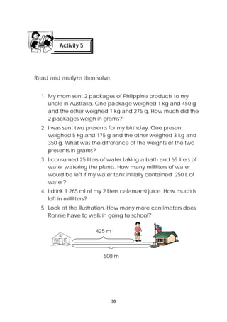 30 
Activity 5 
Read and analyze then solve. 
1. My mom sent 2 packages of Philippine products to my 
uncle in Australia. One package weighed 1 kg and 450 g 
and the other weighed 1 kg and 275 g. How much did the 
2 packages weigh in grams? 
2. I was sent two presents for my birthday. One present 
weighed 5 kg and 175 g and the other weighed 3 kg and 
350 g. What was the difference of the weights of the two 
presents in grams? 
3. I consumed 25 liters of water taking a bath and 65 liters of 
water watering the plants. How many milliliters of water 
would be left if my water tank initially contained 250 L of 
water? 
4. I drink 1 265 ml of my 2 liters calamansi juice. How much is 
left in milliliters? 
5. Look at the illustration. How many more centimeters does 
Ronnie have to walk in going to school? 
425 m 
500 m 
 