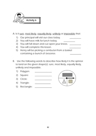 A. Is it sure, most likely, equally likely, unlikely or impossible that: 
1) Our principal will visit our class today. __________ 
2) You will have milk for lunch today. __________ 
3) You will fall down and cut open your knees. __________ 
4) You will complete this lesson. __________ 
5) Henry will be picking a rambutan from a basket 
containing a bunch of lanzones. __________ 
B. Use the following words to describe how likely it is the spinner 
to land on the given shape(s): sure, most likely, equally likely, 
unlikely and impossible. 
1) Polygon: _______________ 
2) Square: _______________ 
3) Circle: _______________ 
4) Triangle: ______________ 
5) Rectangle: _______________ 
82 
Activity 6 
 