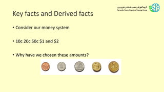 Key facts and Derived facts
• Consider our money system
• 10c 20c 50c $1 and $2
• Why have we chosen these amounts?
 