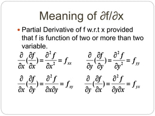 Meaning of ∂f/∂x 
 Partial Derivative of f w.r.t x provided 
that f is function of two or more than two 
variable. 
f 
 
 
 
 
( ) ( ) 
xx yy 
f 
f 
f 
 
 
 
 
xy yx 
y x 
x 
y 
f 
f 
 
 
 
 
x y 
f 
f 
y 
 
 
x 
f 
y 
f 
y 
y 
f 
x 
f 
x 
x 
 
  
 
 
 
  
 
 
 
 
 
 
 
 
 
 
 
 
2 2 
2 
2 
2 
2 
( ) ( ) 
 
