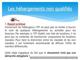 Les hébergements non qualifiés 
1. Rappel juridique Concernant les hébergeurs, l’OT ne peut pas se limiter à fournir le nom de quelques hébergements ou activités pour les favoriser. Par exemple, si l’OT établit une liste de locations, il ne peut pas se contenter de mentionner uniquement les locations classées. Pour faire la distinction entre les classées et les non classées, il est fortement recommandé de diffuser l’offre de manière différenciée. Cette règle s’applique du fait que le classement n’est pas une démarche obligatoire ! 
Source : Guide juridique des OT et de leurs dirigeants – OTF avril 2014  