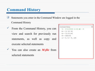 Command History
 Statements you enter in the Command Window are logged in the
Command History
 From the Command History, you can
view and search for previously run
statements, as well as copy and
execute selected statements
 You can also create an M-file from
selected statements
 