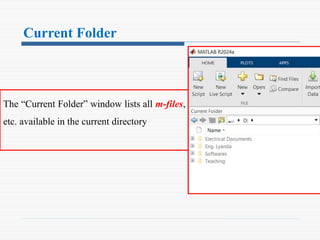 Current Folder
The “Current Folder” window lists all m-files,
etc. available in the current directory
 