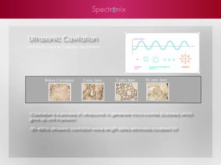 Ultrasonic Cavitation
FAT Reduction & Cellulite Treatment




        Before Cavitation   2 min. later    5 min. later   10 min. later




-Cavitation is a process of ultrasounds to generate micro-cavities (bubbles) which
grow up until implosion.

-30~40KHz ultrasonic cavitation wave length safely eliminates localized fat
 