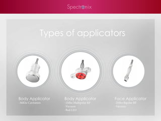 Types of applicators




Body Applicator      Body Applicator       Face Applicator
-36Khz Cavitation    -1Mhz Multipolar RF   -2Mhz Bipolar RF
                     -Vacuum               -Vacuum
                     -Red LED
 