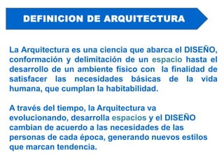La Arquitectura es una ciencia que abarca el DISEÑO,
conformación y delimitación de un espacio hasta el
desarrollo de un ambiente físico con la finalidad de
satisfacer las necesidades básicas de la vida
humana, que cumplan la habitabilidad.
A través del tiempo, la Arquitectura va
evolucionando, desarrolla espacios y el DISEÑO
cambian de acuerdo a las necesidades de las
personas de cada época, generando nuevos estilos
que marcan tendencia.
DEFINICION DE ARQUITECTURA
 