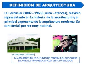 DEFINICION DE ARQUITECTURA
LA ARQUITECTURA ES EL PUNTO DE PARTIDA DEL QUE QUIERA
LLEVAR A LA HUMANIDAD HACIA UN FUTURO MEJOR.
Le Corbusier (1887 - 1965) (suizo – francés), máximo
representante en la historia de la arquitectura y el
principal exponente de la arquitectura moderna. Se
caracterizó por ser muy racional.
La Ville Savoye (1928-1929)
 