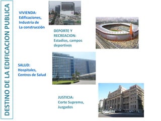 VIVIENDA:
Edificaciones,
Industria de
La construcción
DEPORTE Y
RECREACION:
Estadios, campos
deportivos
SALUD:
Hospitales,
Centros de Salud
JUSTICIA:
Corte Suprema,
Juzgados
DESTINODELAEDIFICACIONPUBLICA
 