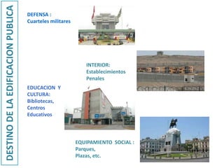 EDUCACION Y
CULTURA:
Bibliotecas,
Centros
Educativos
DEFENSA :
Cuarteles militares
INTERIOR:
Establecimientos
Penales
DESTINODELAEDIFICACIONPUBLICA
EQUIPAMIENTO SOCIAL :
Parques,
Plazas, etc.
 
