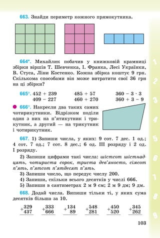 103103
663. Знай­ди периметр кожного прямокутника.
664*. Михайлик побачив у книжковій крамниці
збірки віршів Т. Шевченка, І. Франка, Лесі Українки,
В. Стуса, Ліни Костенко. Кожна збірка коштує 9 грн.
Скількома способами він може витратити свої 36 грн
на ці збірки?
665°.	452 + 239								485 + 57				 360 – 3 · 3
							409 – 227								460 + 270		 360 + 3 – 9
666°. Накресли два таких самих
чотирикутники. Відрізком поділи
один з них на п’ятикутник і три-
кутник, а другий — на трикутник
і чотирикутник.
667. 1) Запиши числа, у яких: 9 сот. 7 дес. 1 од.;
4  сот. 7  од.; 7  сот. 8  дес.; 6  од. III розряду і 2  од.
І розряду.
2) Запиши цифрами такі числа: шістсот шістнад-
цять, чотириста сорок, триста дев’яносто, сімсот
п’ять, п’ятсот п’ятдесят п’ять.
3) Запиши число, що передує числу 200.
4) Запиши, скільки всього десятків у числі 666.
5) Запиши в сантиметрах 2 м 9 см; 2 м 9 дм; 9 дм.
668. Додай числа. Випиши тільки ті, у яких сума
десятків більша за 10.
+
329
437
+
333
666
+
134
89
+
548
281
+
450
520
+
345
262
 