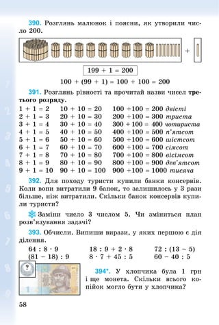 5858
390. Розглянь малюнок і поясни, як утворили чис-
ло 200.
+
199 + 1 = 200
100 + (99 + 1) = 100 + 100 = 200
391. Розглянь рівності та прочитай назви чисел тре-
тього розряду.
1 + 1 = 2	 10 + 10 = 20	 100 +	100 =	200 двісті
2 + 1 = 3	 20 + 10 = 30	 200 +	100 =	300 триста
3 + 1 = 4	 30 + 10 = 40	 300 +	100 =	400 чотириста
4 + 1 = 5	 40 + 10 = 50	 400 +	100 =	500 п’ятсот
5 + 1 = 6	 50 + 10 = 60	 500 +	100 =	600 шістсот
6 + 1 = 7	 60 + 10 = 70	 600 +	100 =	700 сімсот
7 + 1 = 8	 70 + 10 = 80	 700 +	100 =	800 вісімсот
8 + 1 = 9	 80 + 10 = 90	 800 +	100 =	900 дев’ятсот
9 + 1 = 10	 90 + 10 = 100	 900 +	100 =	1000 тисяча
392. Для походу туристи купили банки консервів.
Коли вони витратили 9 банок, то залишилось у 3 рази
більше, ніж витратили. Скільки банок консервів купи-
ли туристи?
Заміни число 3 числом 5. Чи зміниться план
розв’язування задачі?
393. Обчисли. Випиши вирази, у яких першою є дія
ділення.
64 : 8 · 9												18 : 9 + 2 · 8								72 : (13 – 5)
(81 – 18) : 9								8 · 7 + 45 : 5								60 – 40 : 5
394*. У  хлопчика була 1  грн
і ще монета. Скільки всього ко­
пійок могло бути у хлопчика?
?
 