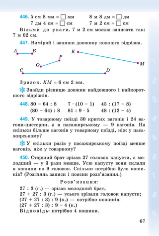 6767
446.	5 см 8 мм =  мм								8 м 8 дм =  дм
						7 дм 4 см =  см									7 м 2 см =  см
Візьми до уваги. 7 м 2 см можна записати так:
7 м 02 см.
447. Виміряй і запиши довжину кожного відрізка.
З р аз ок. KМ = 6 см 2 мм.
Знай­ди різницю довжин найдовшого і найкорот-
шого відрізків.
448.	80 – 64 : 8						7 · (10 – 1)				45 : (17 – 8)
						(80 – 64) : 8				81 : 9 · 5						48 : (12 – 4)	
449. У товарному поїзді 30 критих вагонів і 24 ва-
гони-цистерни, а в пасажирському  — 9 вагонів. На
скільки більше вагонів у товарному поїзді, ніж у паса-
жирському?
У скільки  разів у пасажирському поїзді менше
вагонів, ніж у товарному?
450. Старший брат зрізав 27 головок капусти, а мо-
лодший — у 3 рази менше. Усю капусту вони склали
в кошики по 9 головок. Скільки потрібно було коши-
ків? (Розглянь записи і поясни розв’язання.)
Розв’яза ння:
27 : 3 (г.) — зрізав молодший брат;
27 + 27 : 3 (г.) — усього зрізали головок капусти;
(27 + 27 : 3) : 9 (к.) — потрібно кошиків.
(27 + 27 : 3) : 9 = 4 (к.)
В ідпов ідь: потрібно 4 кошики.
 