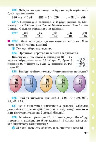 9797
620. Добери по два значення букви, щоб нерівності
були правильними.
270 – а < 180						480 + b > 620						с – 340 < 250
621*. Петрик з’їв горішків у 2  рази менше за Ми-
колку і на 2 більше за Валю. Усього вони з’їли 14 го-
рішків. Скільки горішків з’їв кожний?
622°. –33
21
–57
29
–48
35
–96
18
–80
15
623°. Маса чотирьох цеглин становить 16  кг. Яка
маса восьми таких цеглин?
Склади обернену задачу.
624. Прочитай коротке пояснення віднімання.
Виконуючи письмове віднімання 86 – 57,
можна міркувати так: 16 мінус 7, буде 9,
пишемо 9. 7 мінус 5, буде 2, пишемо 2. Різ-
ниця 29.
625. Знай­ди «зайву» кульку. Чому виникла помилка?
–
36
18
18
–
97
52
45
–
70
25
45
–
80
47
33
–
55
36
11
626. Знай­ди письмово різниці: 81 і 27, 68 і 39, 90 і
34, 45 і 18.
627. За 5 днів токар виготовив а деталей. Скільки
деталей виготовить цей токар за 4 дні, якщо кожного
дня виготовлятиме на 2 деталі більше?
628. У  кіоск привезли 81  кг винограду. До обіду
продали 4 ящики, по 9  кг кожний. Скільки кілогра-
мів винограду залишилося?
Склади обернену задачу, щоб знайти число 81.
 