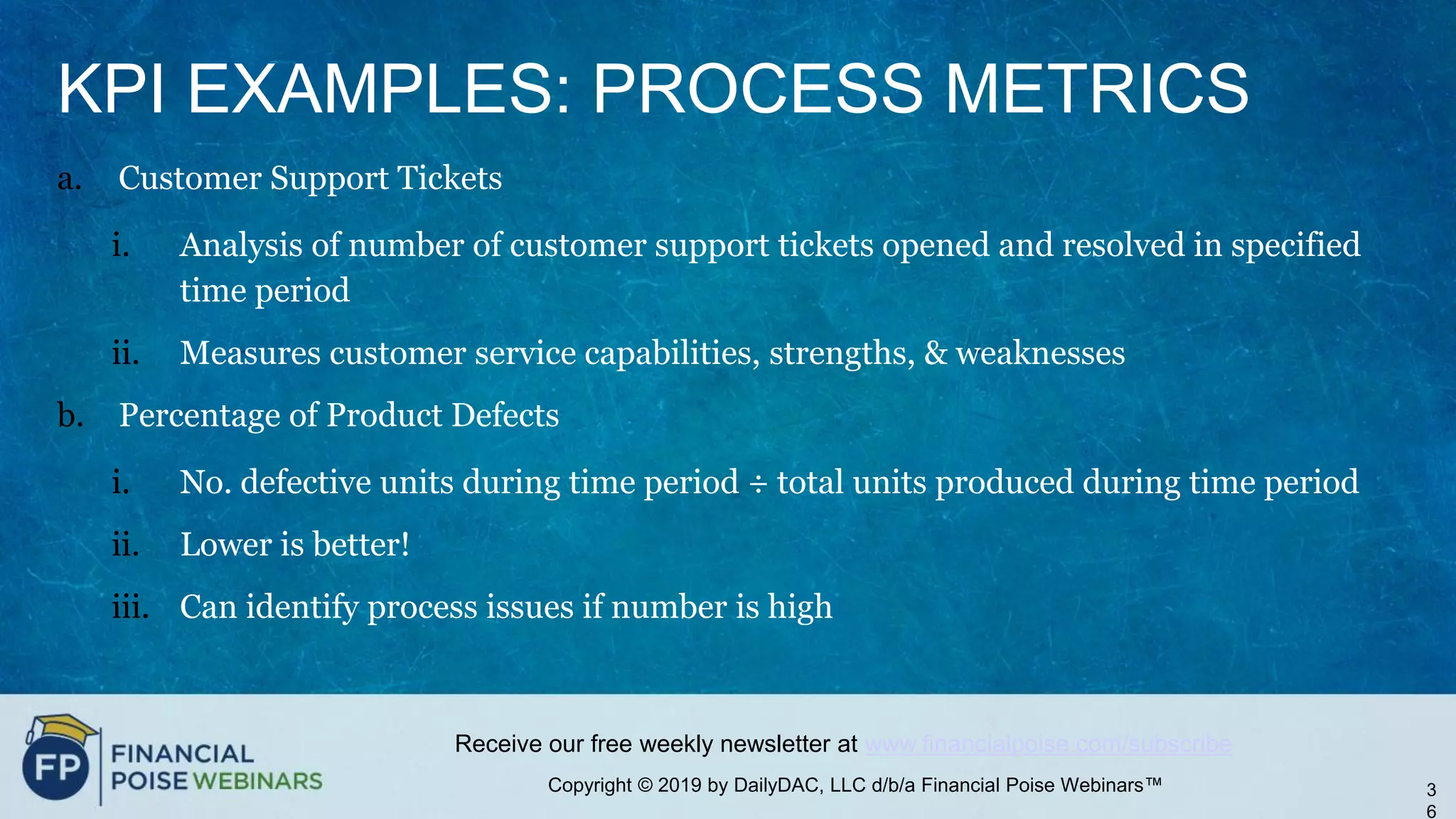 Copyright © 2019 by DailyDAC, LLC d/b/a Financial Poise Webinars™
Receive our free weekly newsletter at www.financialpoise.com/subscribe
KPI EXAMPLES: PROCESS METRICS
a. Customer Support Tickets
i. Analysis of number of customer support tickets opened and resolved in specified
time period
ii. Measures customer service capabilities, strengths, & weaknesses
b. Percentage of Product Defects
i. No. defective units during time period ÷ total units produced during time period
ii. Lower is better!
iii. Can identify process issues if number is high
3
6
 